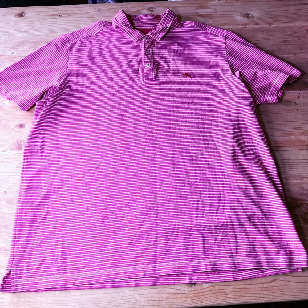 Tommy Bahama IslandZone Mens‎ XXL Pink White Striped Performance Polo Shirt 37.5